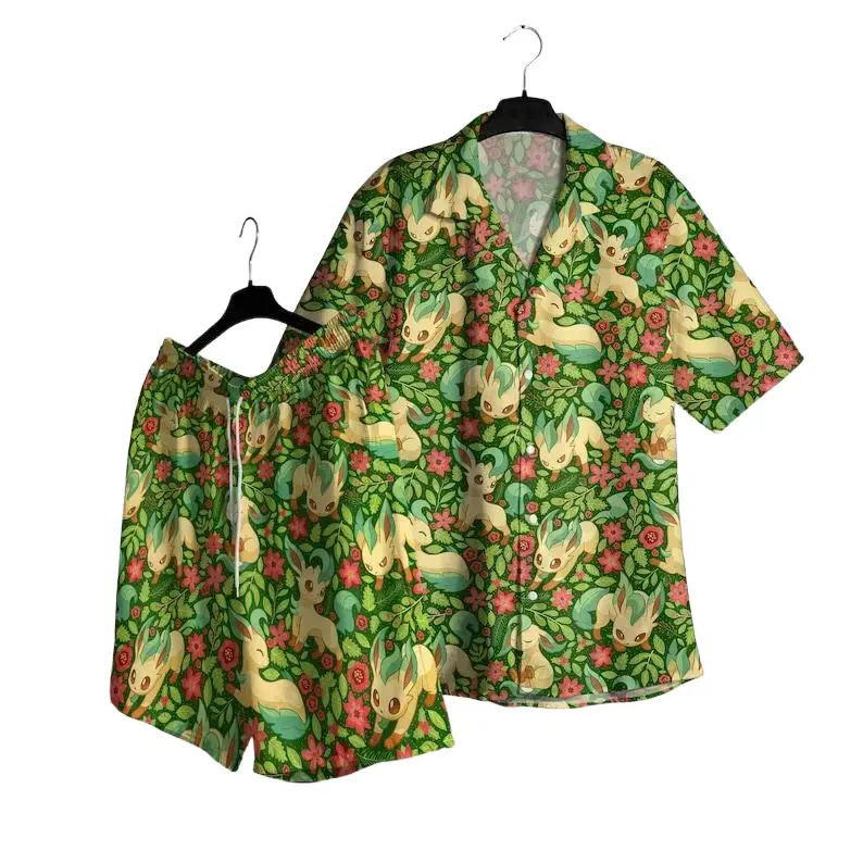 Leafeon PKM Hawaii Set Hawaiian Shirt, Hawaiian Short - For All Ages Palm Tree Anime Manga Shirt Video Game Gifts Summer Beach Tropical Floral Aloha