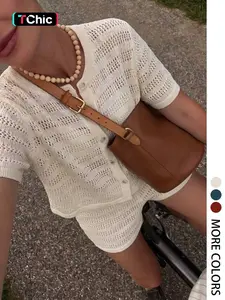 Women's Solid Color Open Front Crop Cardigan & Elastic Waist Shorts Knit Set, Casual Elegant Knitwear Set for Daily Wear, Ladies Clothes for Spring & Summer, Tops, Womenswear, Knit Sweater Set