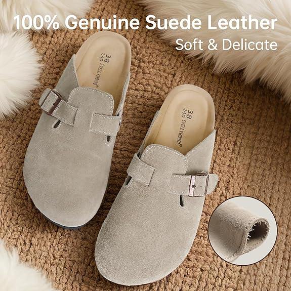 Unisex Round Toe Cork Footbed Clogs,Clogs for Women  Mens Suede Soft Leather Clogs  Potato Shoes Slide Outdoor Gym Shoes with Arch Support Flat Buckle Clogs Retro Fashion Walking Shoes Slippers