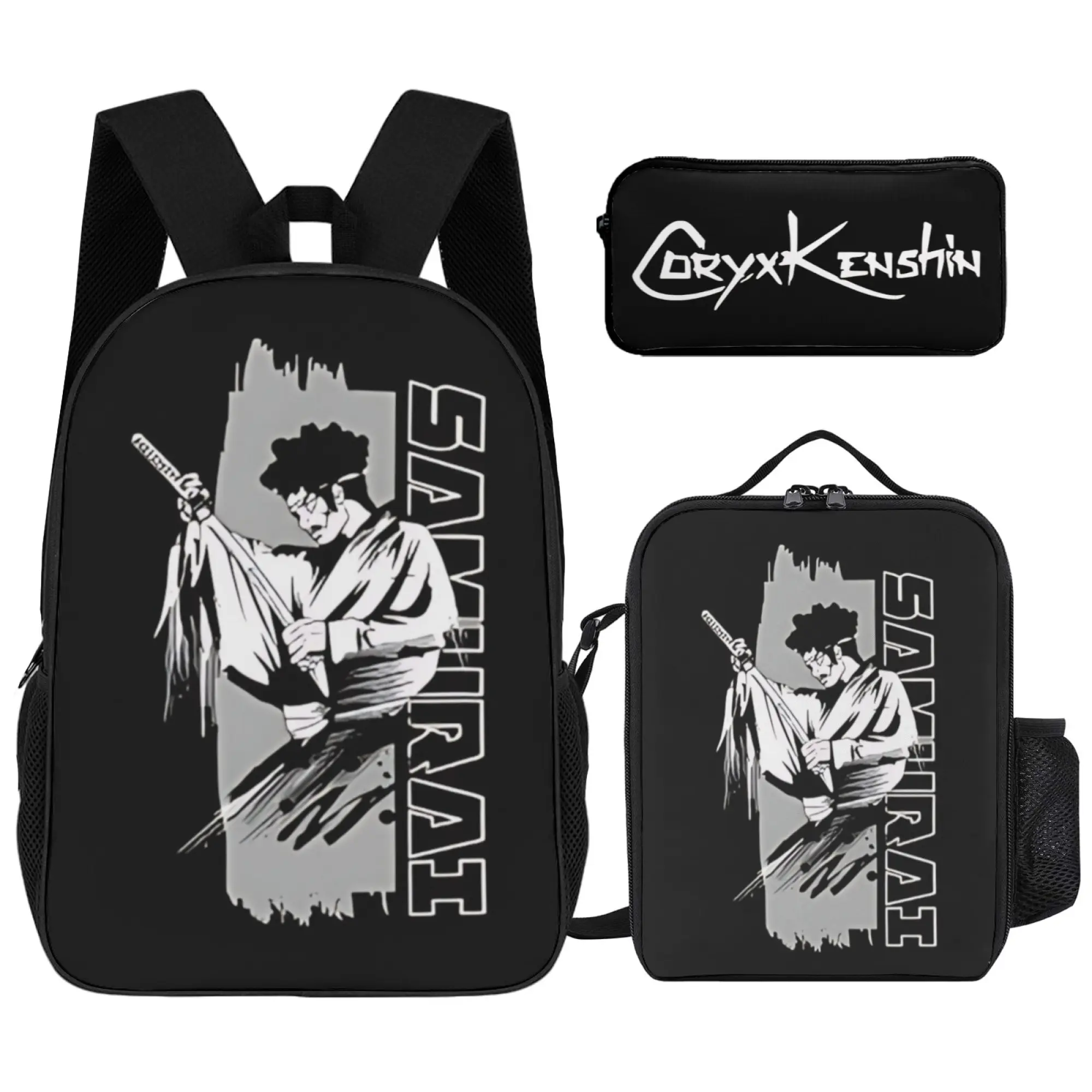 CoryxKenshin Samurai 3-Piece School Backpack Set - Water Resistant Bookbag, Thermal Lunch Box & Pencil Pouch for Elementary Students (Home Organizer Storage Bags)