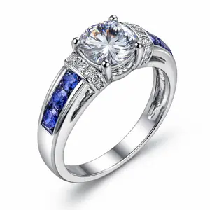 Vintage Style Blue Side Stone Ring for Women, Large Round CZ Engagement Ring, Silver Color Electroplated Alloy Ring, Elegant Statement Jewelry Gift