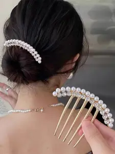 1 Piece Faux Pearl & Rhinestone Decorated Hair Pin, Elegant Versatile Hair Accessories for Women & Girls, Trendy All-match & Exquisite Hair Pins with Rhinestone Embellishment and Pearl Detail for Birthday Gift Suitable for Bun Styles