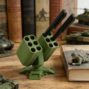 Creative High-Angle Cannon Pen Holder, Air Defense Missile Launcher Desk Organizer, Office Decor, Military Enthusiast Gift, Holds 12 Pens