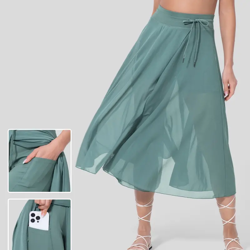Halara High Waisted Drawstring Contrast Mesh 2-in-1 Side Pocket Flowy Midi Flare Casual Skirt