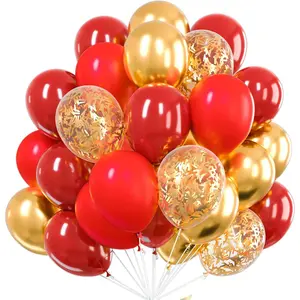 Red and Gold Balloons, 60 pcs 12 Inch Maroon Ruby Dark Red Burgundy Metallic Gold Confetti Balloons for Graduation Christmas Wedding Valentine's Day New Year Birthday Party Decorations