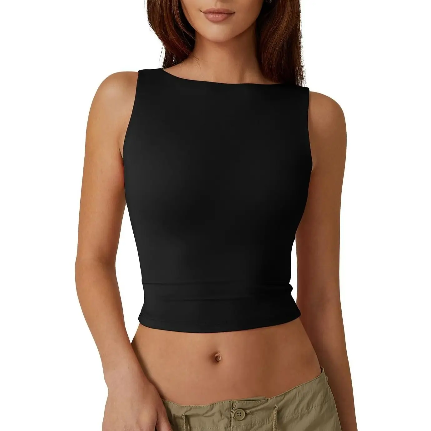 QINSEN Women's Sexy Open Back Sleeveless Crop Tank High Neck Slim Fit Cropped Tee Shirt Y2k Tops Comfort Fabric