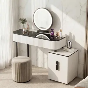 44'' Modern Vanity Table with Tempered Glass Top & Adjustable Height Legs, Multi-Functional Makeup Vanity Desk with Storage Cabinet & 3-Color Mirror for Bedroom，White