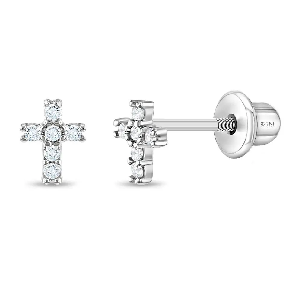 Delicate CZ Cross 6mm Baby / Toddler / Kids Earrings Screw Back - Sterling Silver Delicate CZ Cross 6mm Baby / Toddler / Kids Earrings Screw Back - Sterling Silver