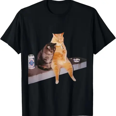 Men's Graphic Cat Meme Cat Smoking Cigarette Top, Relaxed Fit Short-Sleeve Cotton Tshirt