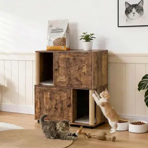 Cat Litter Box Enclosure for 2 Cats, 80W x 50D x 88H cm Hidden Litter Box Furniture with Scratching Posts & Double-Layer Mat, Wooden Cat House Side End Table for Living Room Bedroom