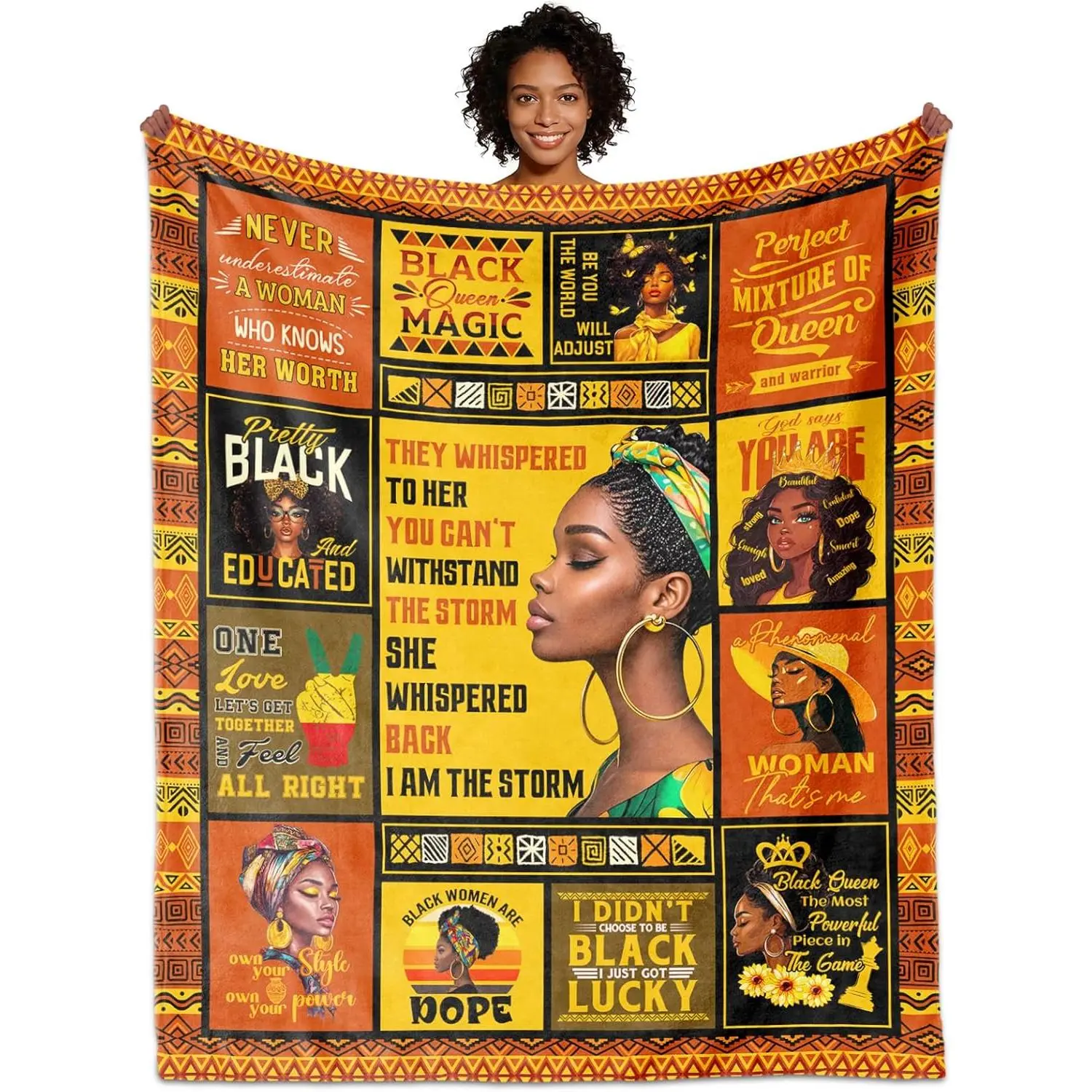 Afro Black Girl Message Blanket (60in x 50in) - African Style Ethnic Print Custom Textile Artwork Blanket, Positive Encouragement Gift for African American Women, Custom Blankets, African Style Blankets