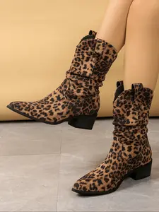 Women's Fashion Boots, Vintage Leopard Print Western Style, Mid-Calf Textile Upper, Rubber Sole, Fall & Winter Casual Wear