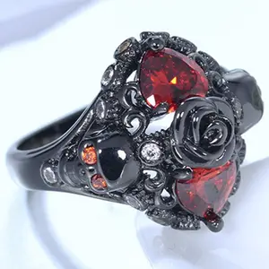 Black Gold Plated Skull Gothic Death Rose Wedding Statement Cocktail Party Biker Ring