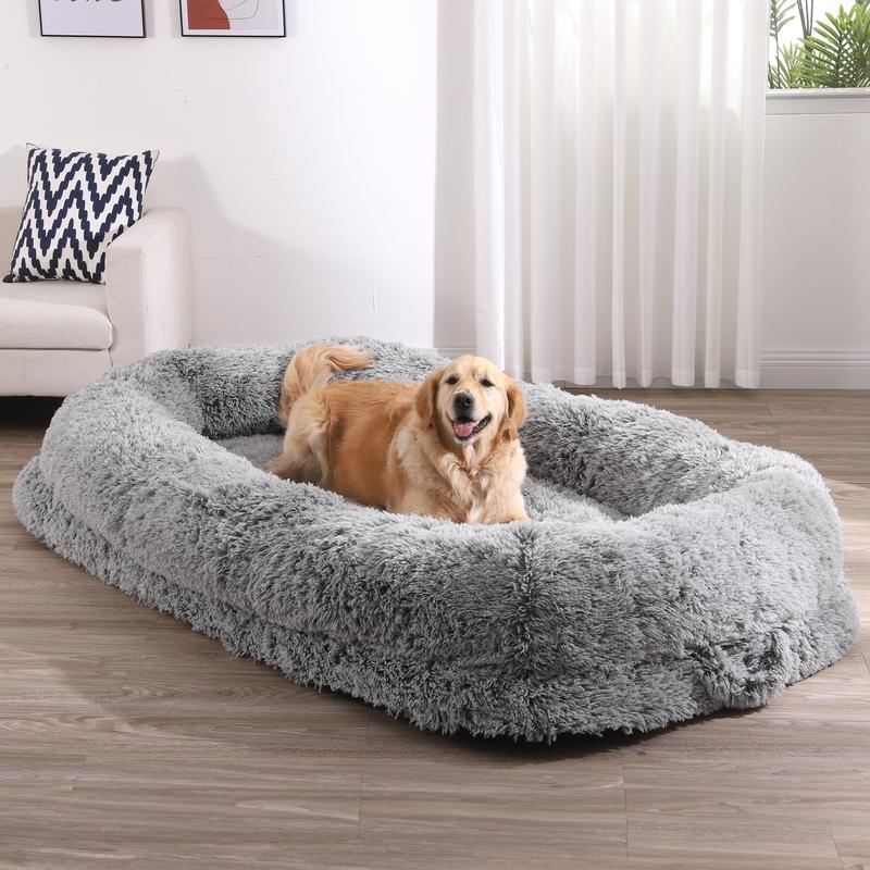 DWVO Human Dog Bed, 79"x43" Extra Large Memory Foam Dog Beds for Adults and Pets with Blanket and Pillow, Washable Fur Cover