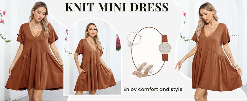 Mundoven Womenswear Summer Mini Dress Casual Shortsleeve basic Loose V Neck Swing beach Sundress with Pocket Mundoven Womenswear Summer Mini Dress Casual Shortsleeve basic Loose V Neck Swing beach Sundress with Pocket
