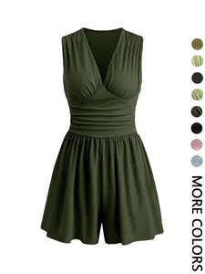 Women's Plain Ruched Deep V Neck Tank Romper, Elegant Sleeveless Romper For Summer, Fashion Casual Ladies Clothes For Daily Wear