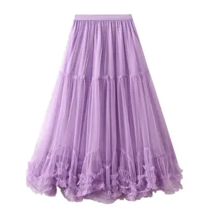 Women's Plain Frill Trim Tiered Layer Mesh Skirt, Elegant Fashion Long Skirt for Party Holiday Wedding Guest, Ladies Clothes for All SeasonsRAIMENTRY