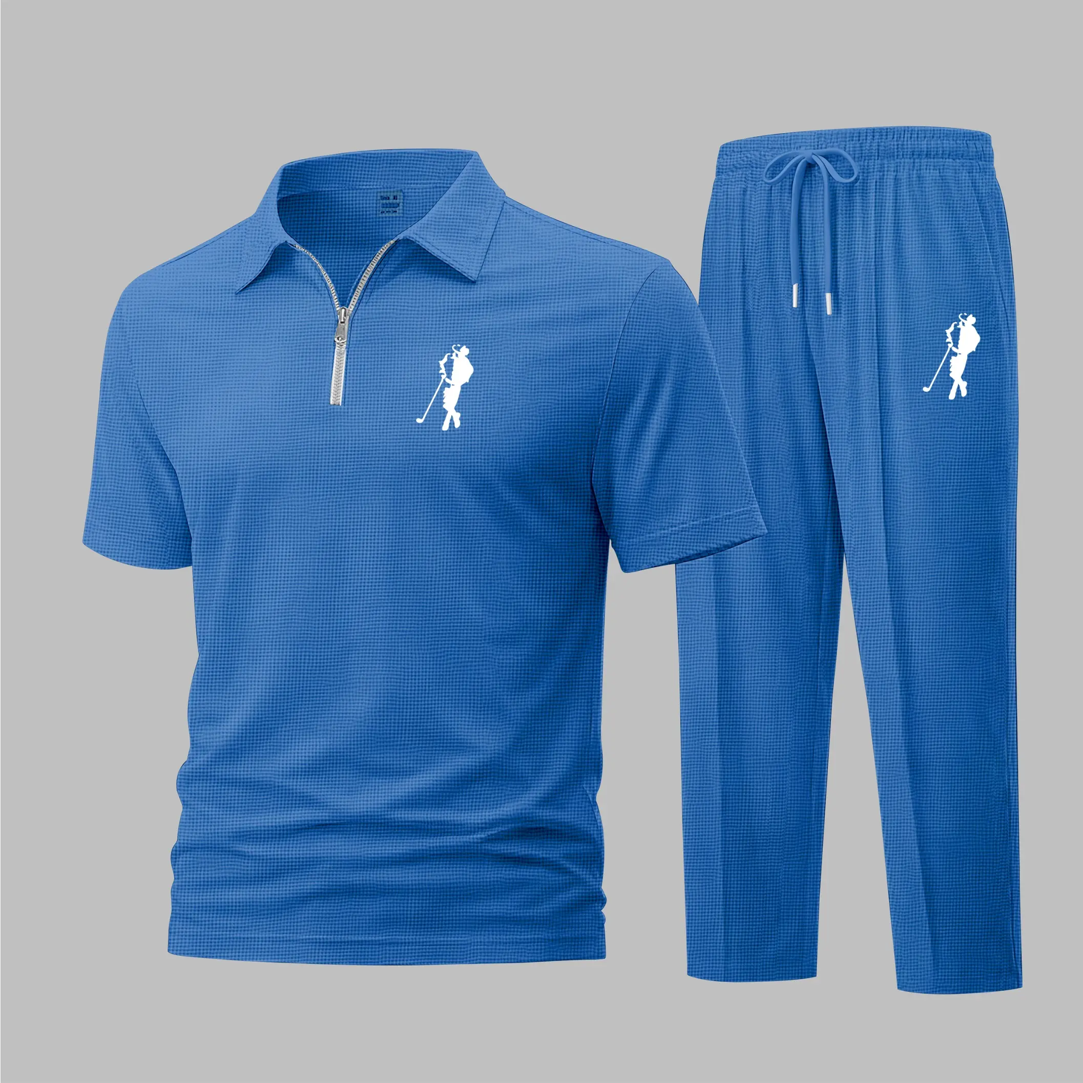 Men's 2-Piece Golf Player Silhouette Print Waffle-Knit Polo Shirt Set - Short-Sleeve Zip-Up Collar Top, Matching Athletic Trousers, Casual Sportswear Outfit