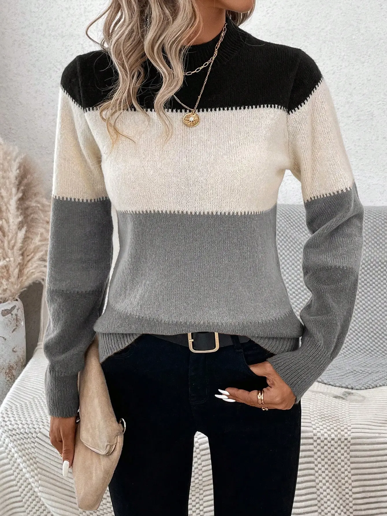 Women's Fall Winter Fashion Color Block Versatile Casual Pullover Sweater in Black Beige & Brown Striped Design