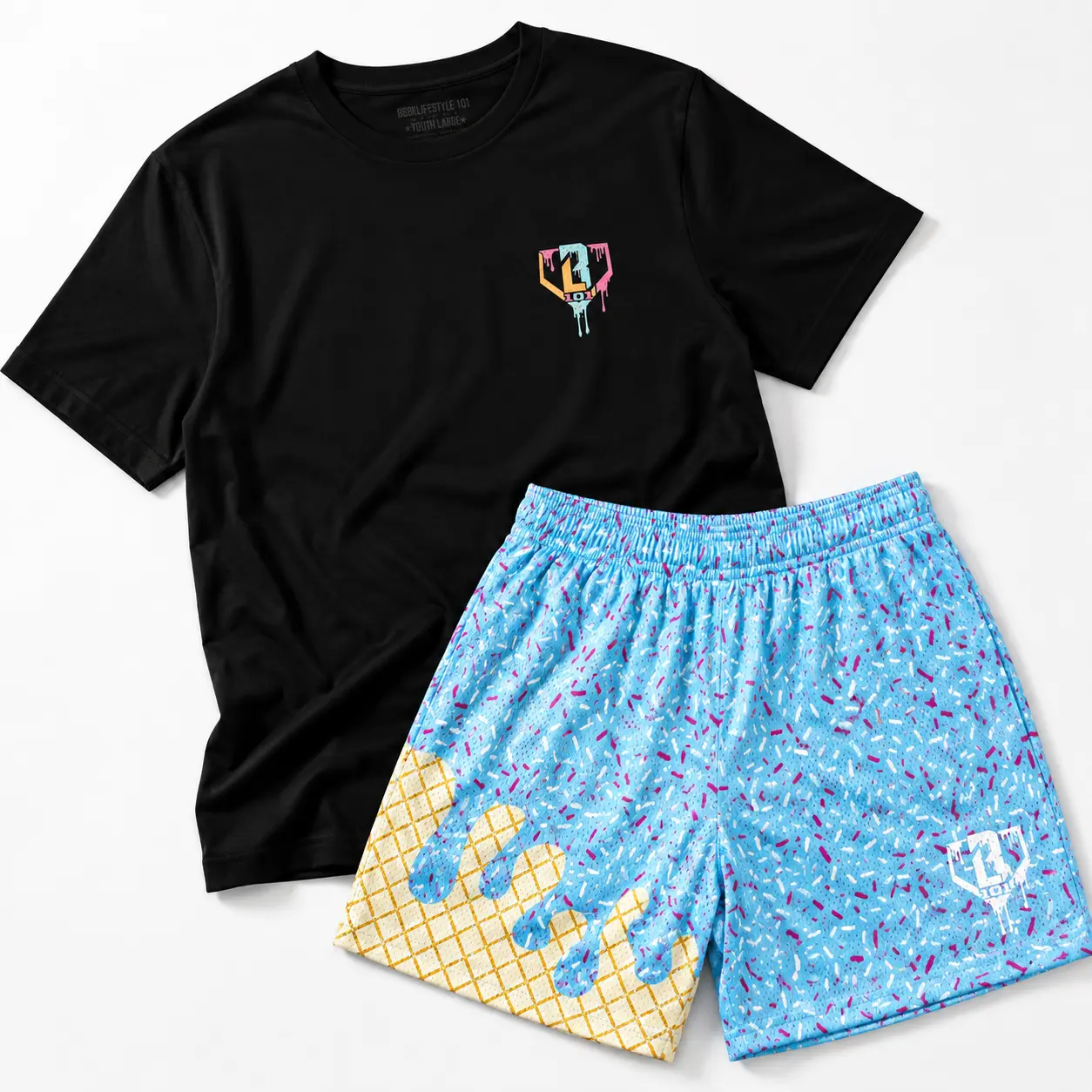 Blue & Black Baseball Lifestyle 101, Baseball Fastball Scoops Tee & Shorts Set – Ice Cream Baseball Graphic Matching Outfit, Youth & Adult Sizes