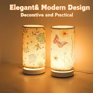 Modern Bedside Table Lamp, Simple Cylinder Design, Bedroom Nightstand LED Light, USB Powered, Soft Warm Light, Fabric Shade, Holiday Decor, Flower Design Lamp, Indoor Decorative Light, Modern Nightstand Lamps