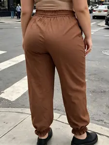 Plus Size Solid Color Casual Drawstring Waist Pants, Elastic Waist Bundled Leg Pants, Daily Wear Versatility, Perfect Fit for Everyday Use