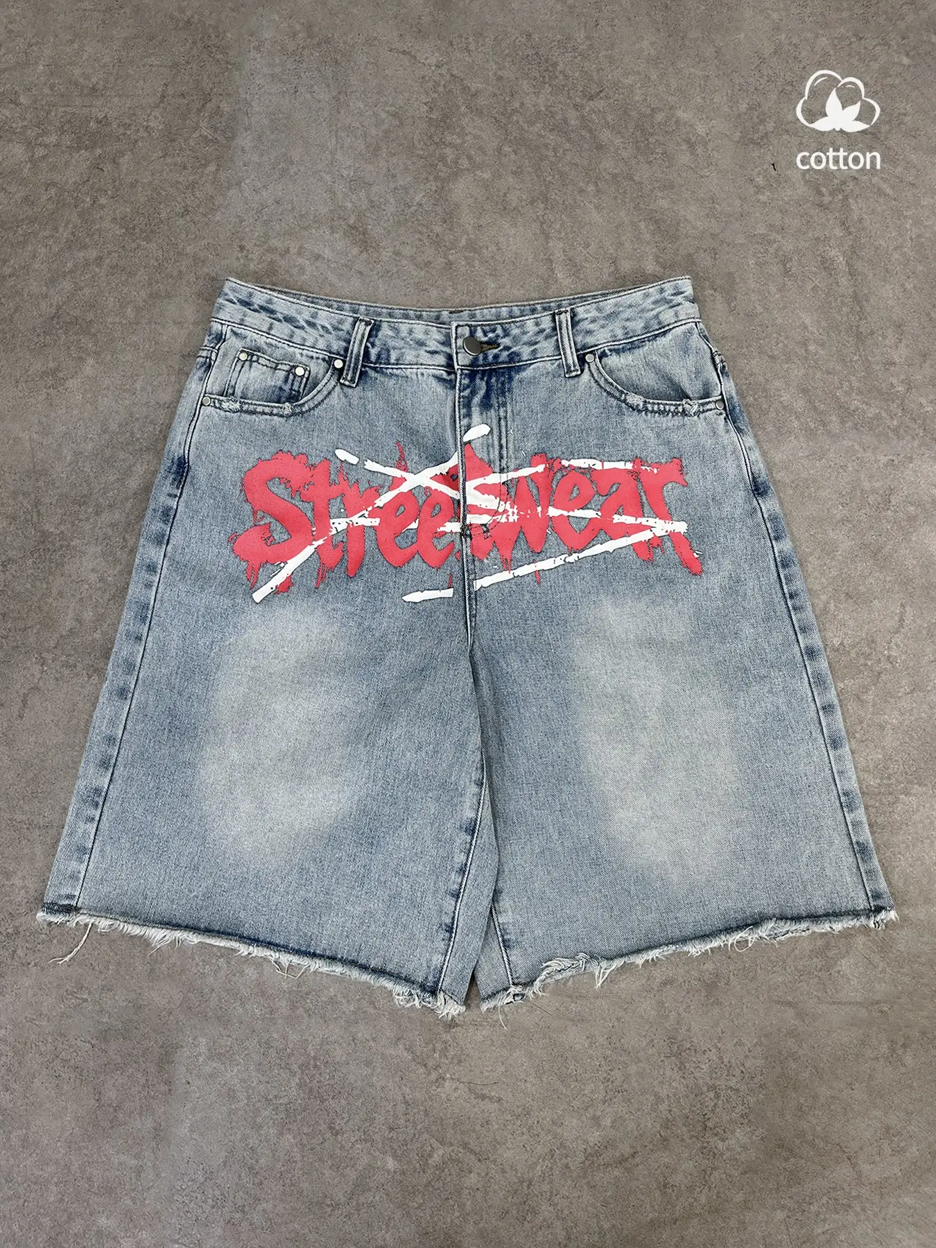 Hip hop baggy jean men's lettered color printed denim ripped hem shorts, fashionable Streetwear street style, comfortable fit, suitable for casual wear, stylish design