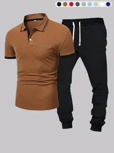 Men's Contrast Binding Plain Polo Shirt & Pants Two-piece Set, Fitted Regular Fit Casual Short Sleeve Collared Top & Trousers, Men's Outfits for All Seasons Clothes