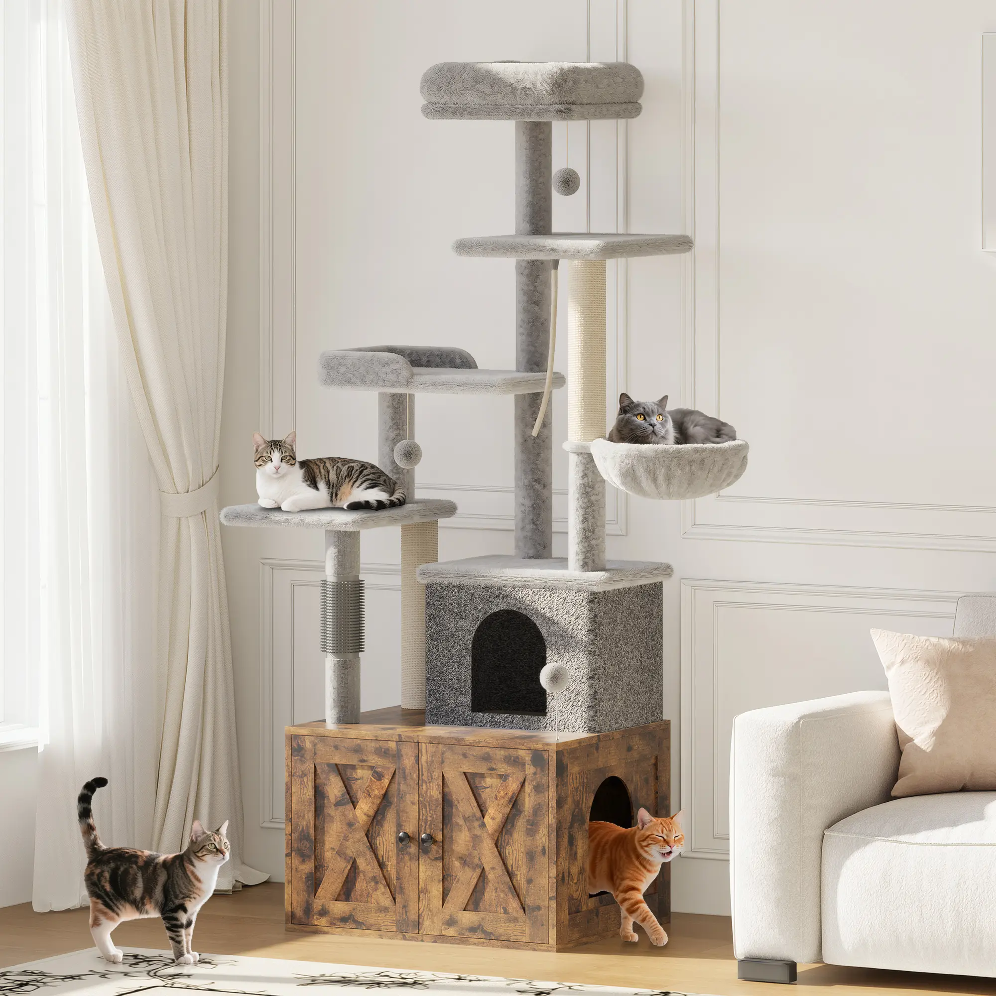 2‑in‑1 Modern Cat Tower, Litter Box Enclosure with Cat Tree, Hidden Washroom Furniture, Wood Cat Condo with Scratching Post & Hammock, Indoor Pet Furniture with Multiple Platforms