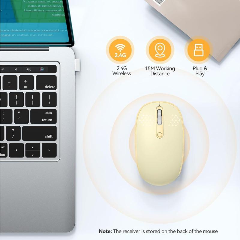 X-MUP05  Wireless Mouse, 2.4G Quiet Computer Mouse with USB Receiver, 4 Buttons Portable Cordless Mice for Chromebook, Laptop, PC, Mac, 800/1200/1600 DPI - Yellow