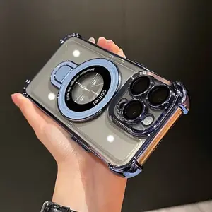 Electroplated Magnetic Magnifying Glass Airbag Four-Corner Shockproof Lens Film Case for iPhone 15/14/13/12/11 Models Protective Smartphone Casing