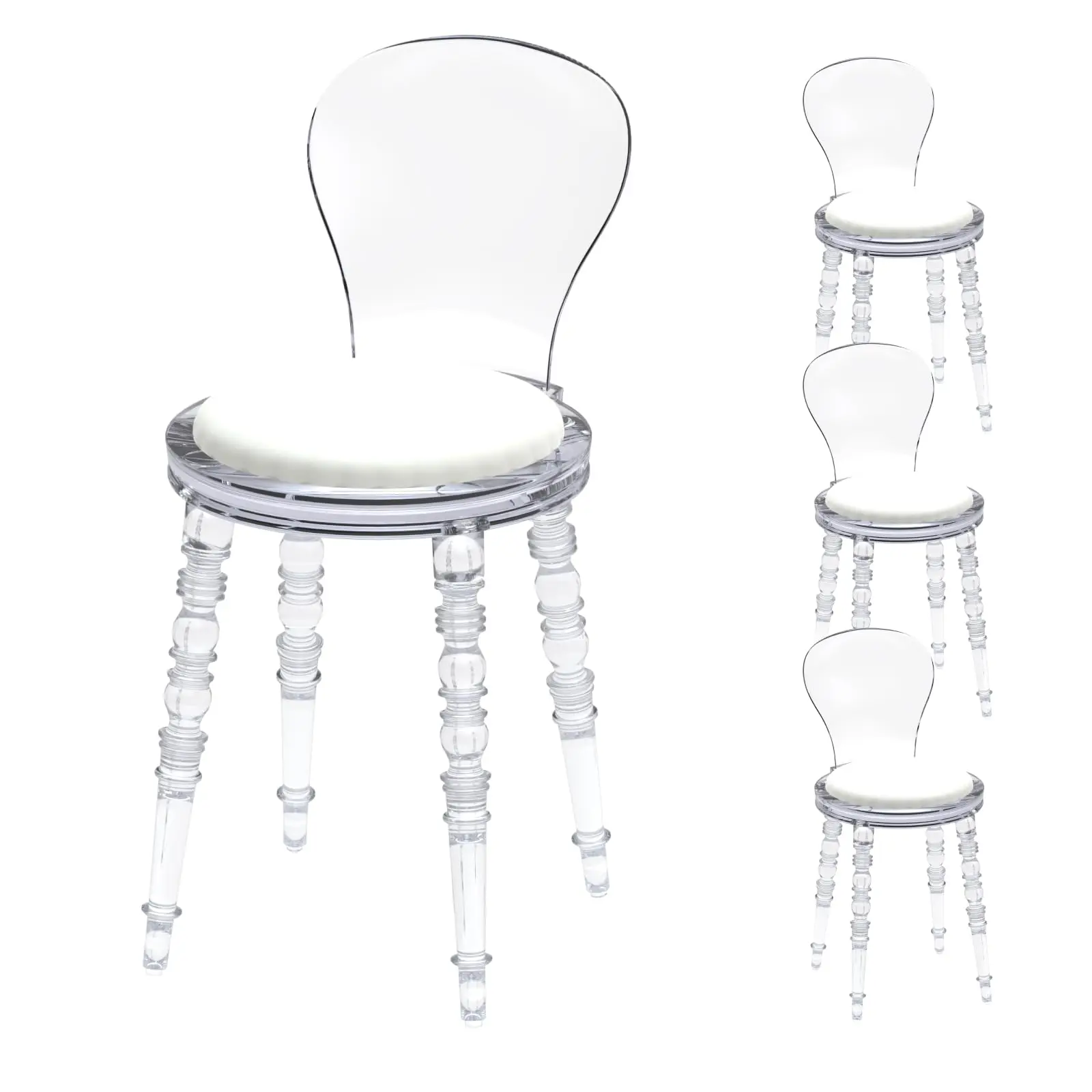 Fohfurniture Set of 4 Modern Vintage White PC Dining Chairs, Acrylic Chair, Home Ghost Chair for Kitchen Office Banquet School with White Cushions