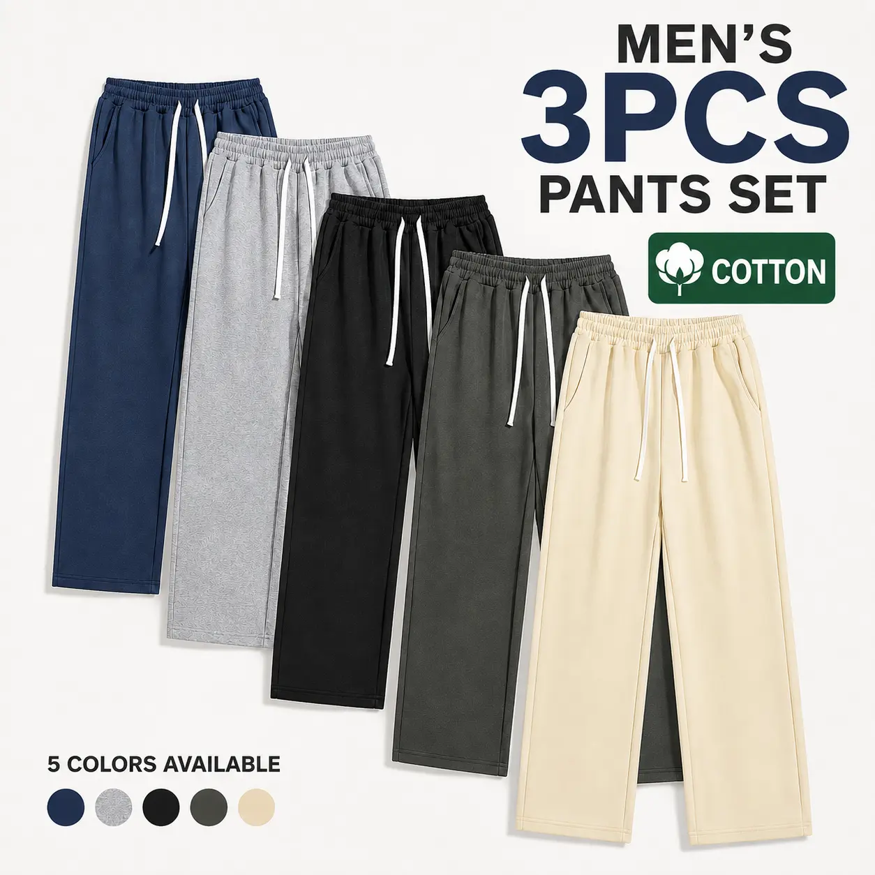 Cotton 3-pack casual pants for men, spring style—comfortable, soft, breathable, lightweight drawstring pants with pockets; durable/wear-resistant/no pilling/colorfast/suitable for everyday wear, sports, leisure, and outdoor activities.
