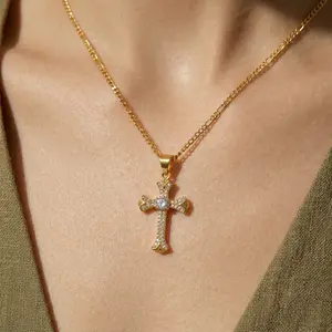 14K Gold Plated Cross Necklace for Women - Dainty Diamond Faith Pendant Jewelry - Adjustable Figaro Chain - Religious Gift for Her - Water Resistant