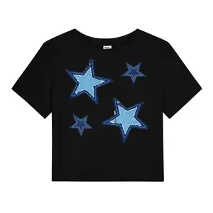 Wayii Fashion Women's Blue Star Patch Cropped T-Shirt, Vintage Denim Star Appliqué Tee, Black Y2K Grunge Casual Crop Top