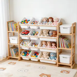 Toy Storage Organizer, Bookshelf/Bookcase with 6 Shelves, 12 Toy BinsToy Shelf, Storage Bin Unit, Toy Box for Playroom, Nursery, Bedroom& Room Decor, Toddler Room Wood & White