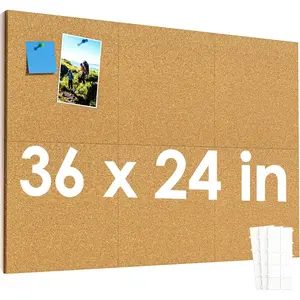 Large Cork Board for Wall 36" x 24", 6 Pack Cork Board Tiles with 20 Pushpins & Safe Removable Adhesive Tabs, 12" x 12" Corkboards for Office, School & Home