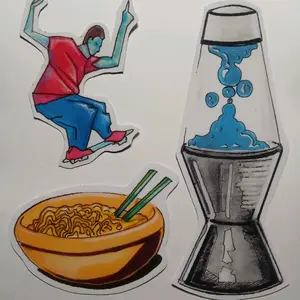 3 sticker pack - Three unique object stickers Lava Lamp is about 5.75" Skater is about 3.5" and Noodles are about 3.25"