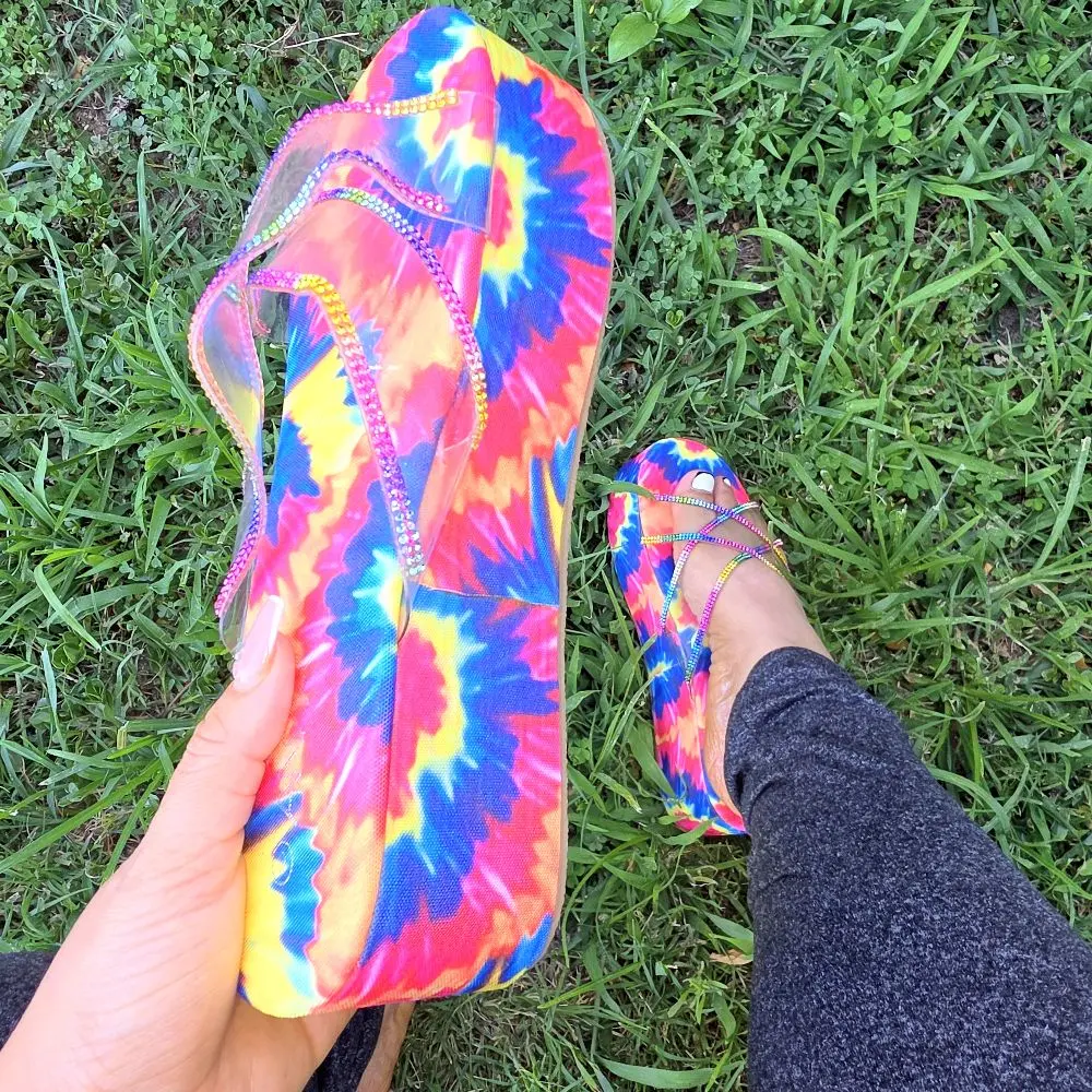 Women's Rainbow Rhinestone Platform Footwear - Clear Strap Wedge Sandals