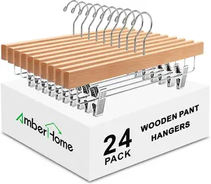 Home 24 Pack Natural Wooden Pants Hangers with Clips, Wood Skirt Hangers Trouser Hangers for Jeans, Slacks, Shorts with 2-Adjustable Clips (Natural, 24 Pack)