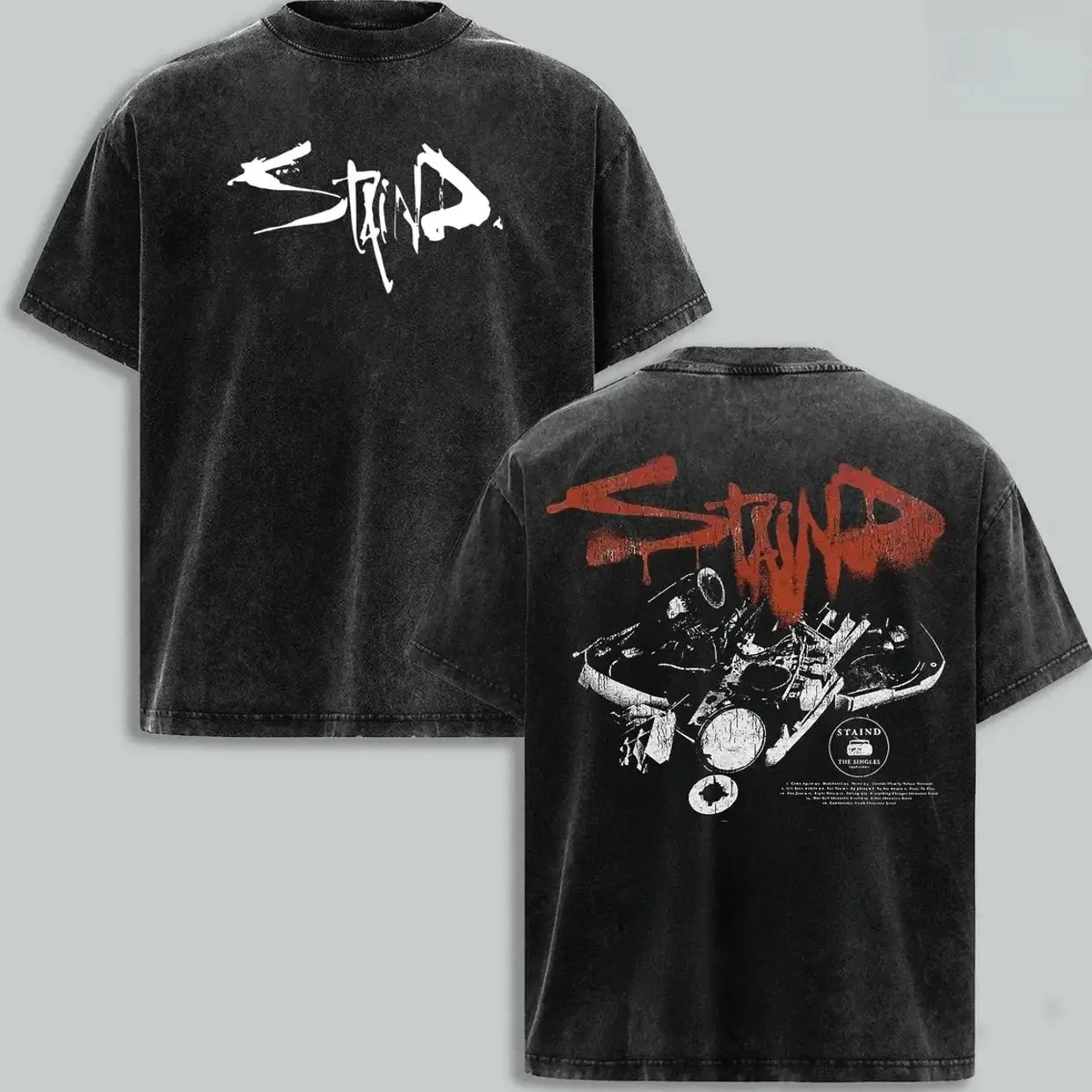 Relaxed-fit vintage washed printed T-shirt featuring double-sided distressed vehicle grunge rock prints by Staind, heavyweight cotton short sleeves for men, retro nu-metal streetwear suitable for daily casual and hip-hop outfits XIK
