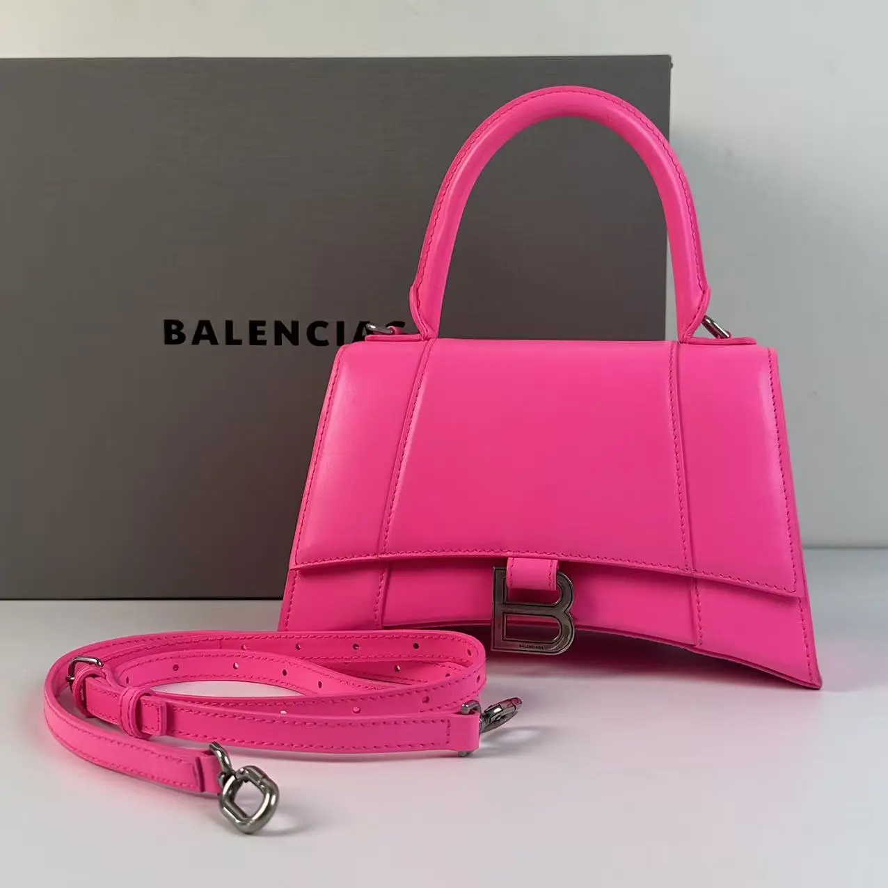 Pre-owned Balenciaga Hot Pink Smooth Calfskin Leather Hourglass Mini Bag, Top Handle with Detachable Additional Crossbody Strap (Mini Bags Category), Additional Strap, Detachable Crossbody Strap