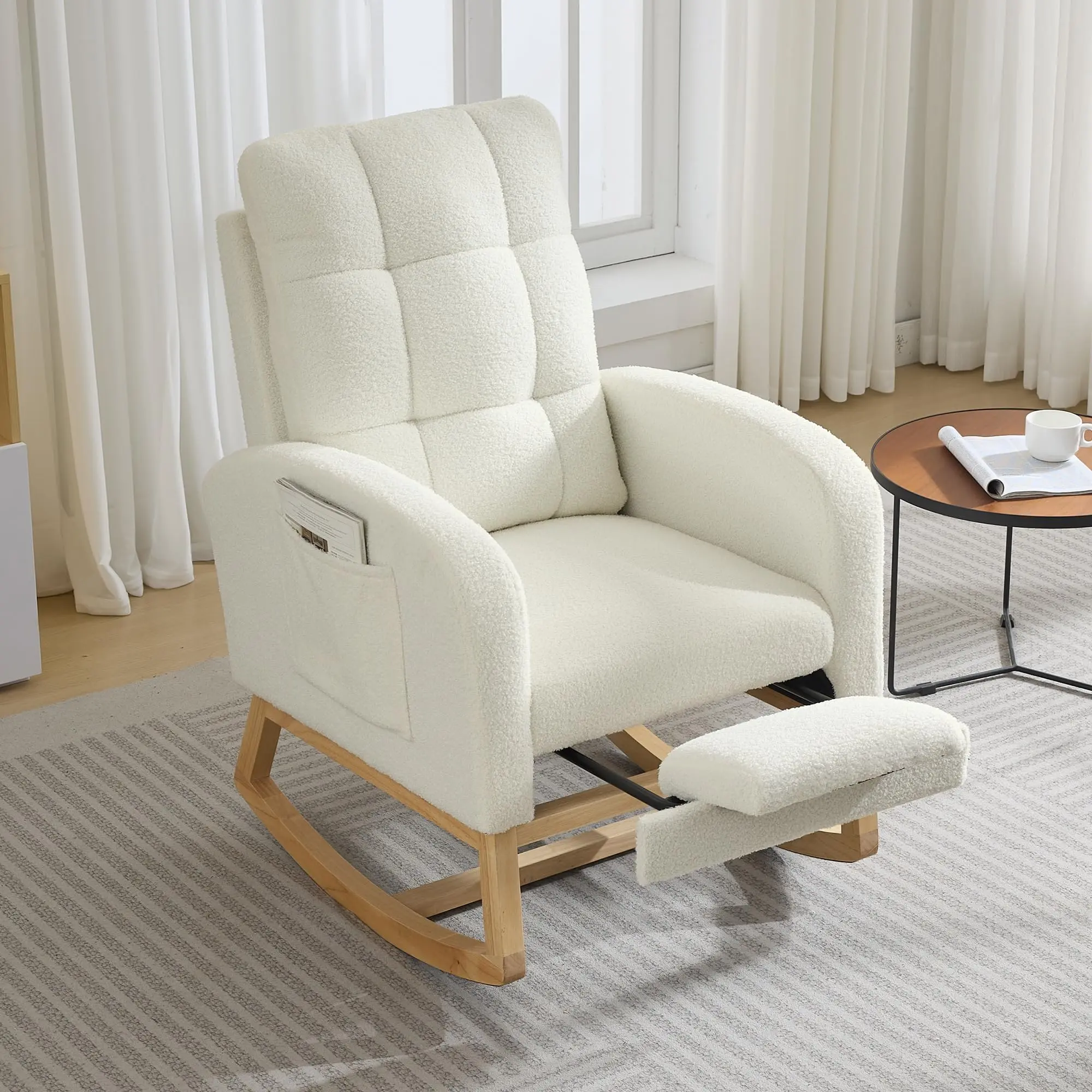 Garvee Nursery Glider Rocking Recliner Chair with High Back and Footrest, USB Charging Port, Side Pocket, Solid Wood Legs - for Nursing/Reading, Living Room/Bedroom - Beige