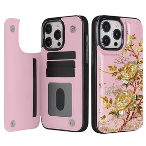 Elegant and high-end gold jewelry floral design pattern leather card holder phone case,for iPhone 17 Pro Max Phone Case 17 Air 16 15 Plus 14 13 12 , Samsung Galaxy S25 ULTRA FE Plus S22 S23 FE S24 Plus