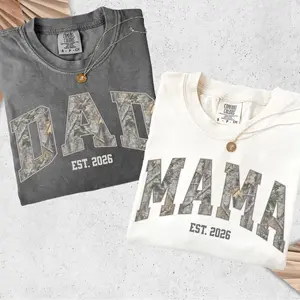 Comfort Colors Camo Mama Dad Shirt, Matching Mom & Dad TShirts, Pregnancy Announcement, Mother's Day Gift for Mom, Dad Gift