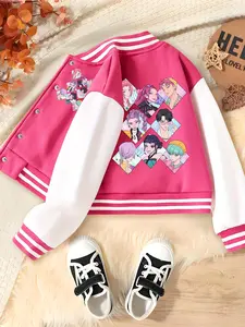 Girls Halloween Ghost Festival Short Baseball Jacket, Casual Sports School Uniform, K-P Hunter Girl Design, Elastic Fabric, Fall Winter, Striped Trim Jacket, Casual Cute Outerwear, Casual Comfy Jacket