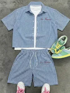 2-Piece Men's Blue And White Striped Streetwear Set, Short Sleeve Button Down Shirt And Drawstring Shorts, Suitable For Daily, Vacation And Casual Street Wear