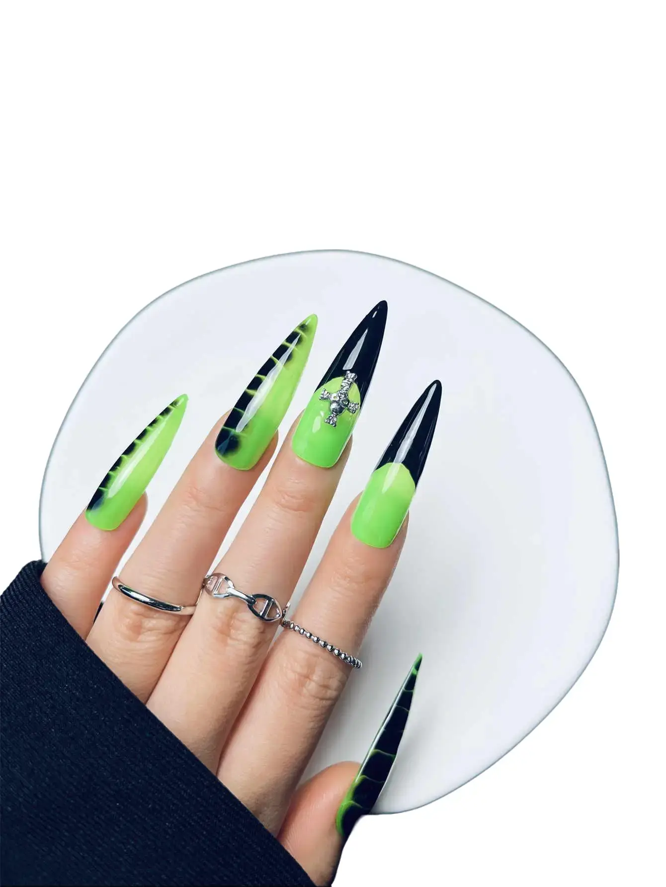 Nailrosy Women's 10Pcs Handmade Press-on Nails - Silver Squiggly Rhinestone, Pink Ombre Coffin, Jelly, Colored Synthetic, DIY Gel, 3D Floral Motif, Casual Feminine Nail Art Accessories, Jelly Nails