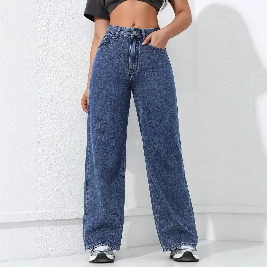 Cotton Mom Retro Dark Blue Boyfriend Jeans Wholesale Mummy Low Rise Baggy Wide Leg Denim Pant Oxford De Mujer for Women Ladies