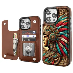 Aztec Warrior Leather Wallet iPhone Case Unique Ethnic Art Card Holder for IPhone17/16/15/14/13/12/11 PRO MAX PLUS,Samsung S25 S24 S23 S22 anti-fall Waterproof Wallet Leather Case Mobile Phone Case L053,Labor Day Deals,Portable Phone Case Wallet L053